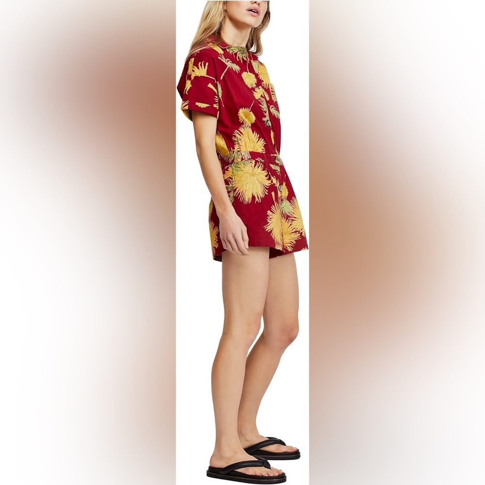 Free People Red Tropical Print Short Sleeve Romper - Picture 2 of 11